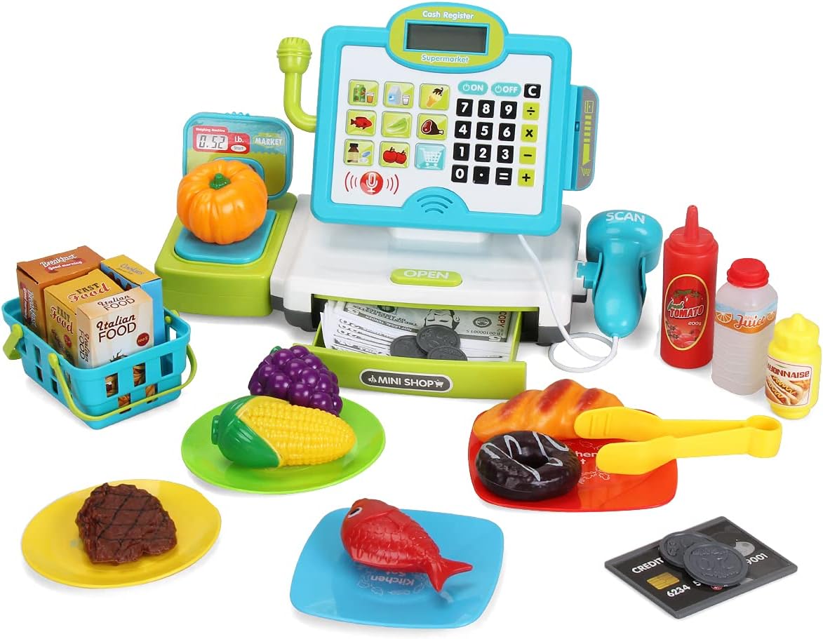 Pretend Play Cash Register Toys with Scanner, Calculator, Large Drawer, Microphone, Play Food, Supermarket Cashier Register Toy, Pre-School Gift for Kids, Boys & Girls, Ages 3 4 5 6 7 8