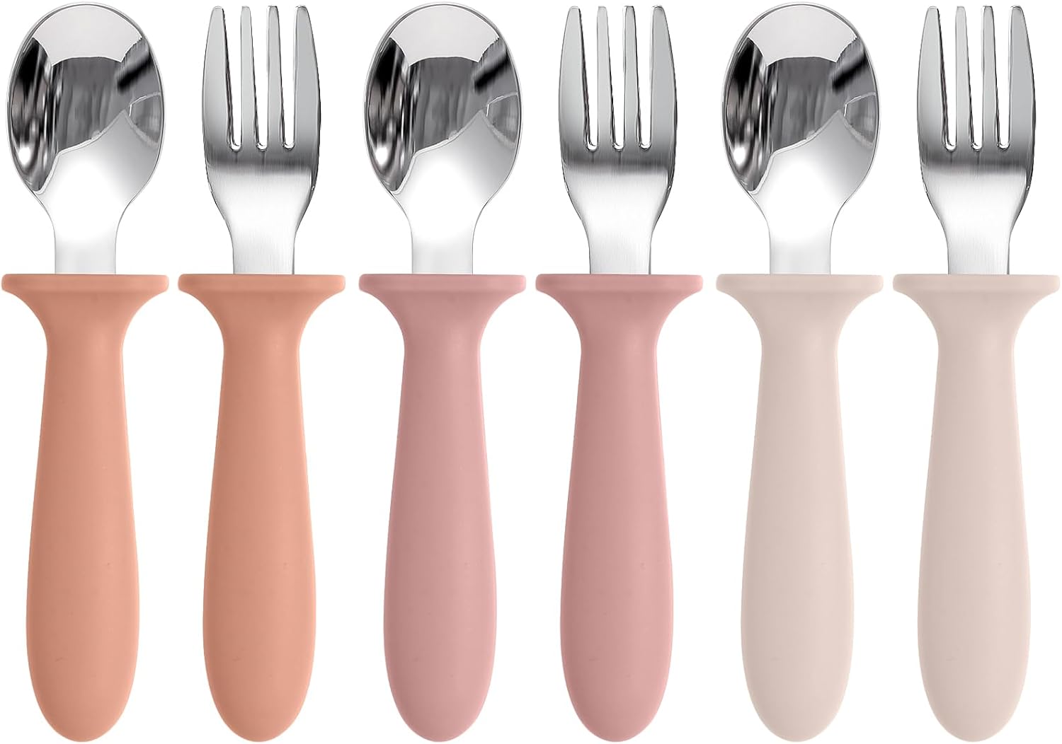 Eascrozn Toddler Spoons and Forks Set, 6 Pack Kids Silverware Set, BPA Free | Food Grade Silicone Handle, 18/8 Stainless Steel Children Safe Toddler Utensils, Dishwasher Safe