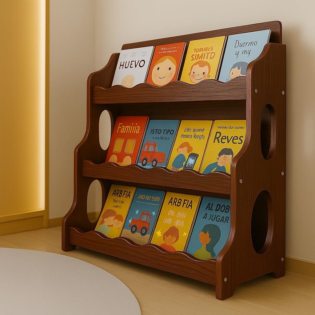 Wood Kids Bookshelf,RedWalnut GrainPattern | Dutch Design Scalloped Montessori Toddler Book Shelf 3Tier Wooden Furniture