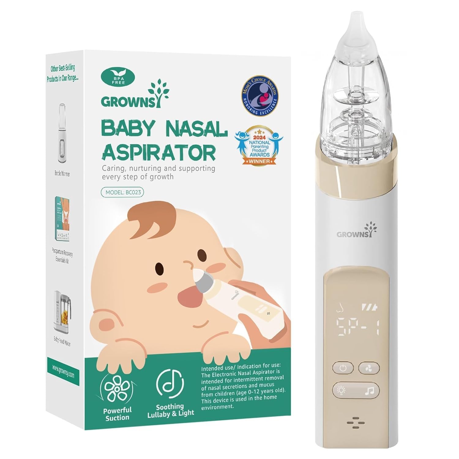 GROWNSY Electric Nasal Aspirator for Baby, Nose Sucker with 3 Tips, Beige | Adjustable Suction Safely Clears Stuffy Nose, Soothing Music & Light Calm Fussy Kids, 3 Silicone Tips Fit Newborn to Toddler