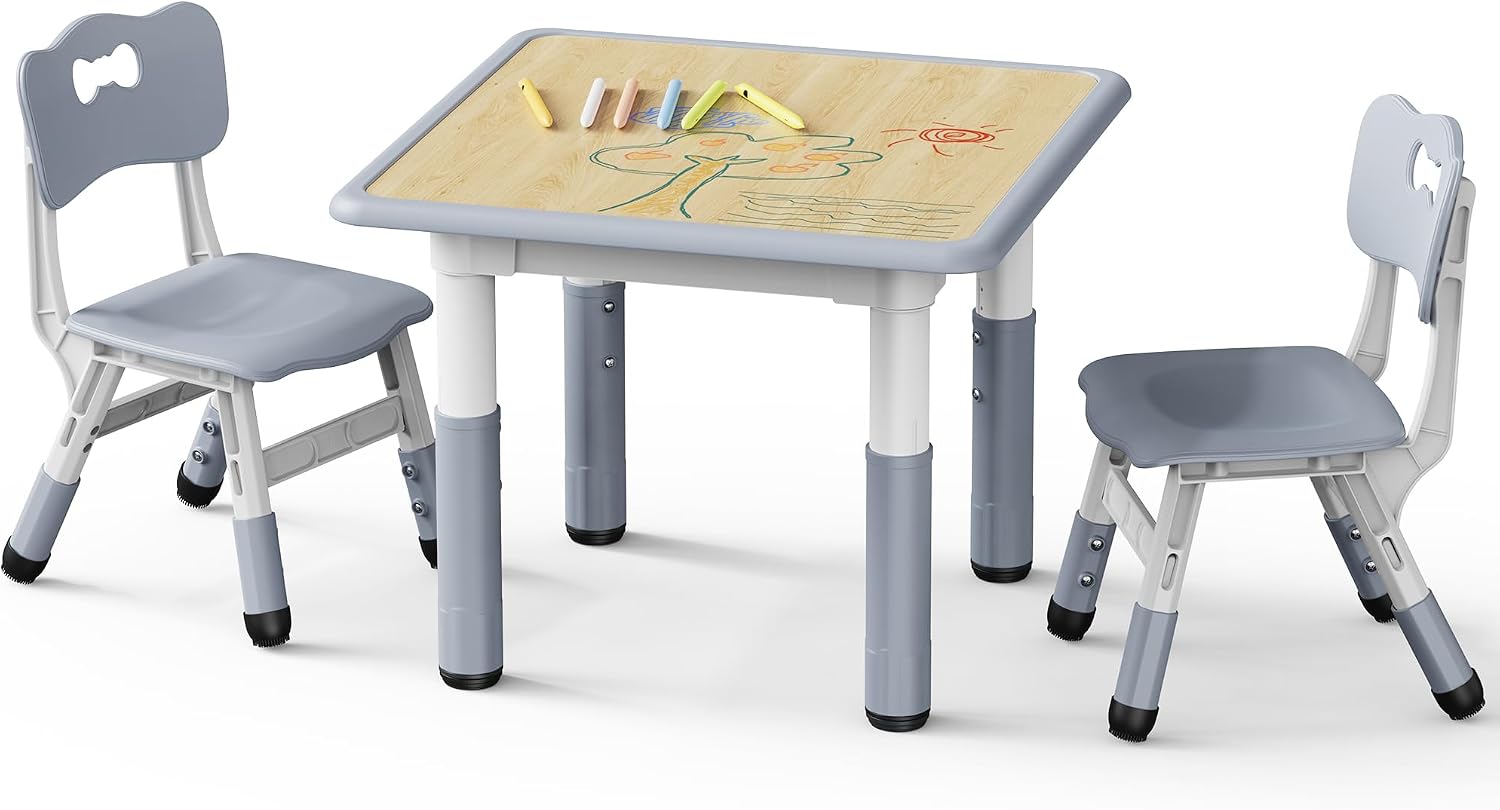Brelley Height Adjustable Toddler Table and 2 Chairs Set, Grey | Table Supports 280 lbs, Drawing Activity Desk, Classroom/Daycare/Home, Children Multi-Activity Table for Ages 3-8