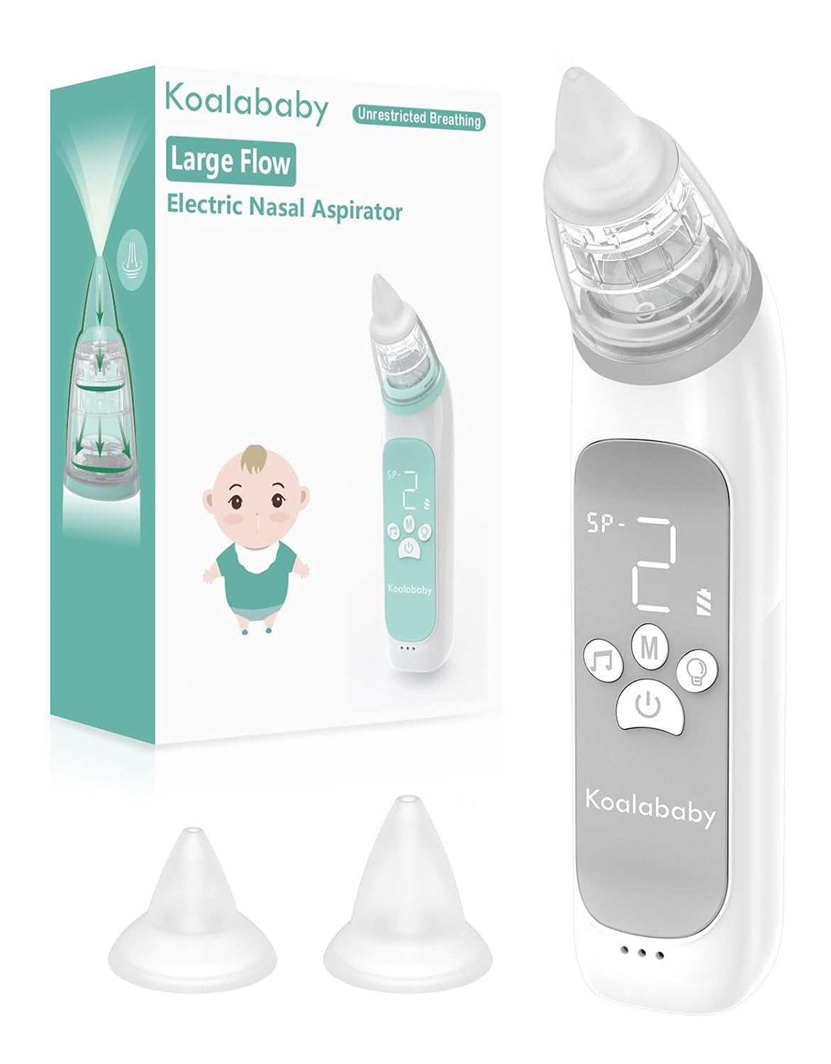 Koalababy Electric Nasal Aspirator, Large-Flow Baby Nose Sucker | 3 Adjustable Suction Levels, Rechargeable, Soft Silicone Tips, Music & Light, Nose Cleaner for Home & Travel