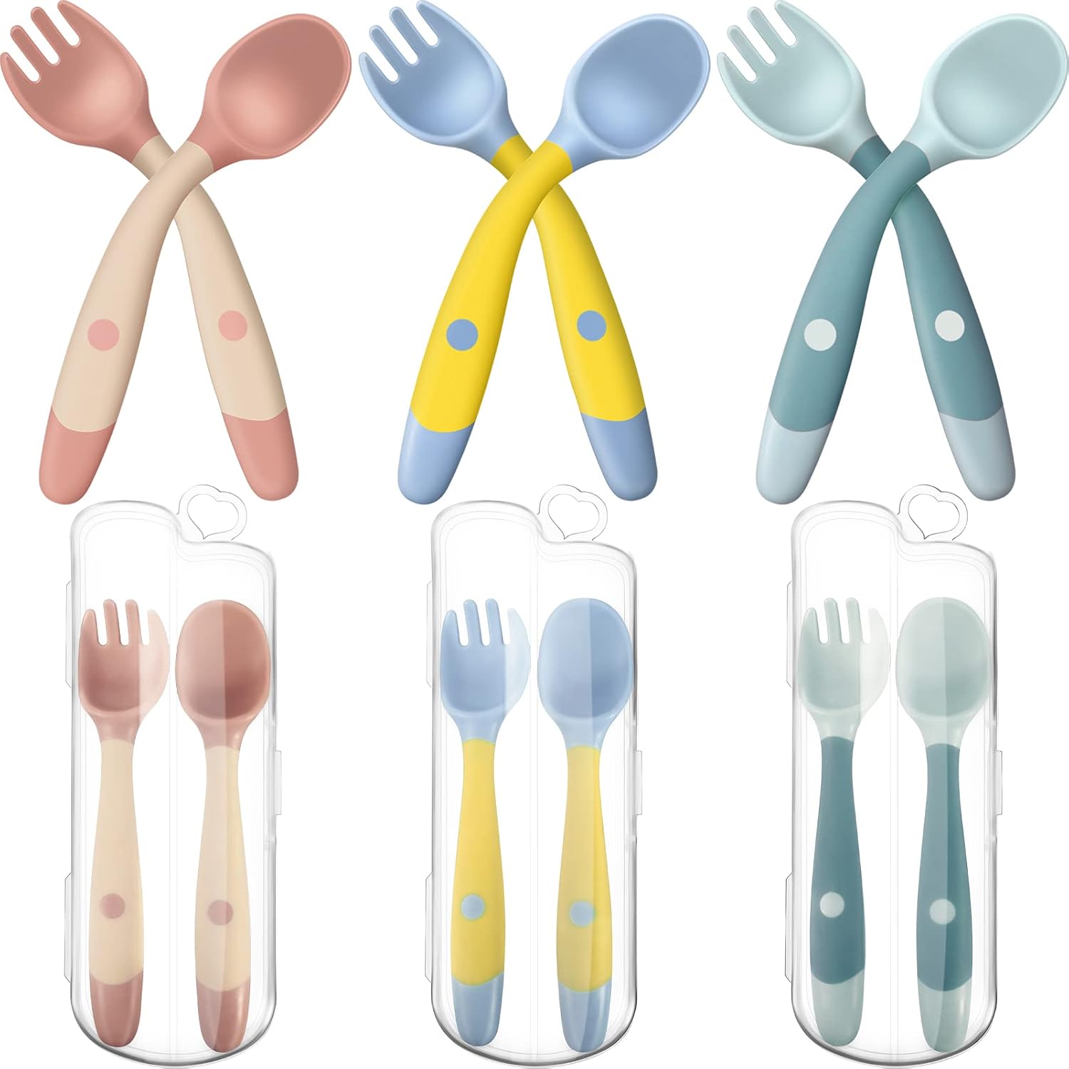 3 Sets Toddler Utensils Baby Spoons and Forks Set with Case Bendable | Handle Self Feeding Training Flatware Silicone Spoon Fork Easy Grip Portable Travel for Kids Children Green Pink Yellow