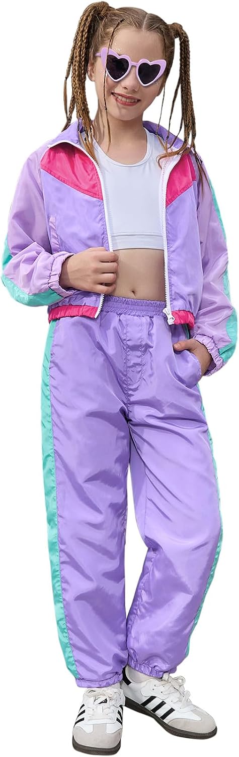 Girls’ Clothing Sets 2 Piece 80s 90s Outfits Neon Jacket Pants Hip Hop Dance Tracksuit Set 4-13Y