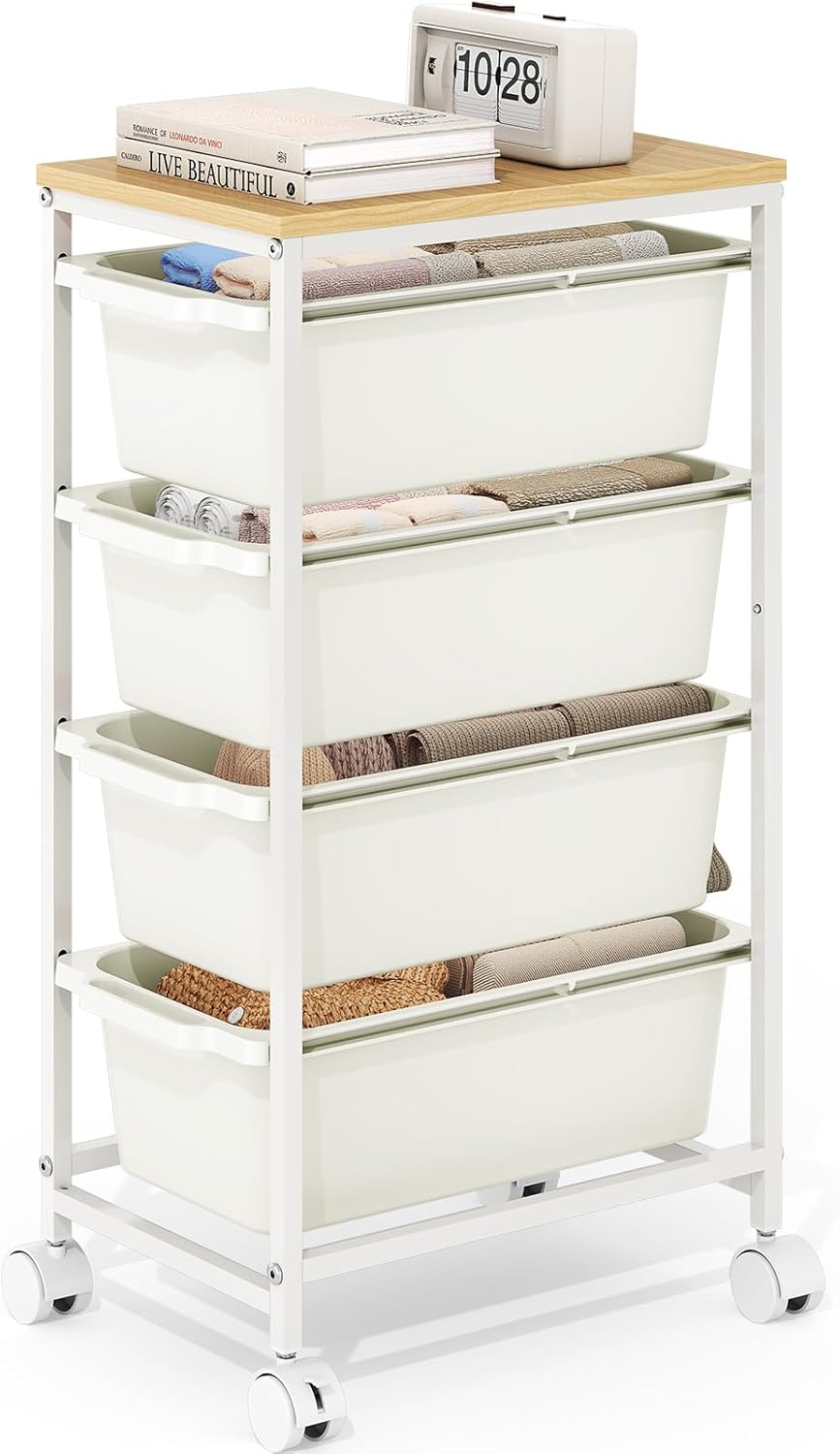 KINGBOARD Slim Rolling Cart with 4 Drawers, Metal Utility Storage Cart | Wooden Tabletop, Lockable Wheels, Table Side Trolley for Bedroom, Children’s Room and Office Organization, White
