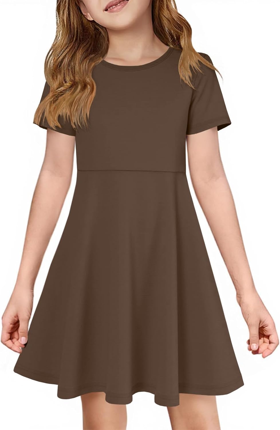 ZDC Girls Short Sleeve Casual Dresses Summer Kids A Line Flowy Skater Dress | Fashion Clothes, Solid Color, lightweight twirl dress, 5-14Years