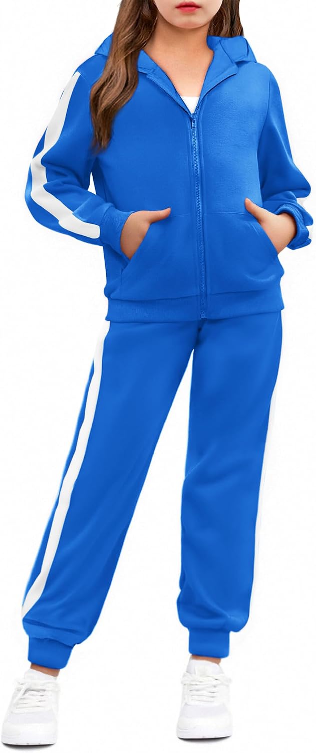 Arshiner Girls 2 Piece Outfits Sweatsuits Athletic Tracksuit Jogger Set | Zip up hoodie sweatshirt and sweatpant with pockets, Side stripes splicing design, Ribbed cuffs, Medium thickness fabric