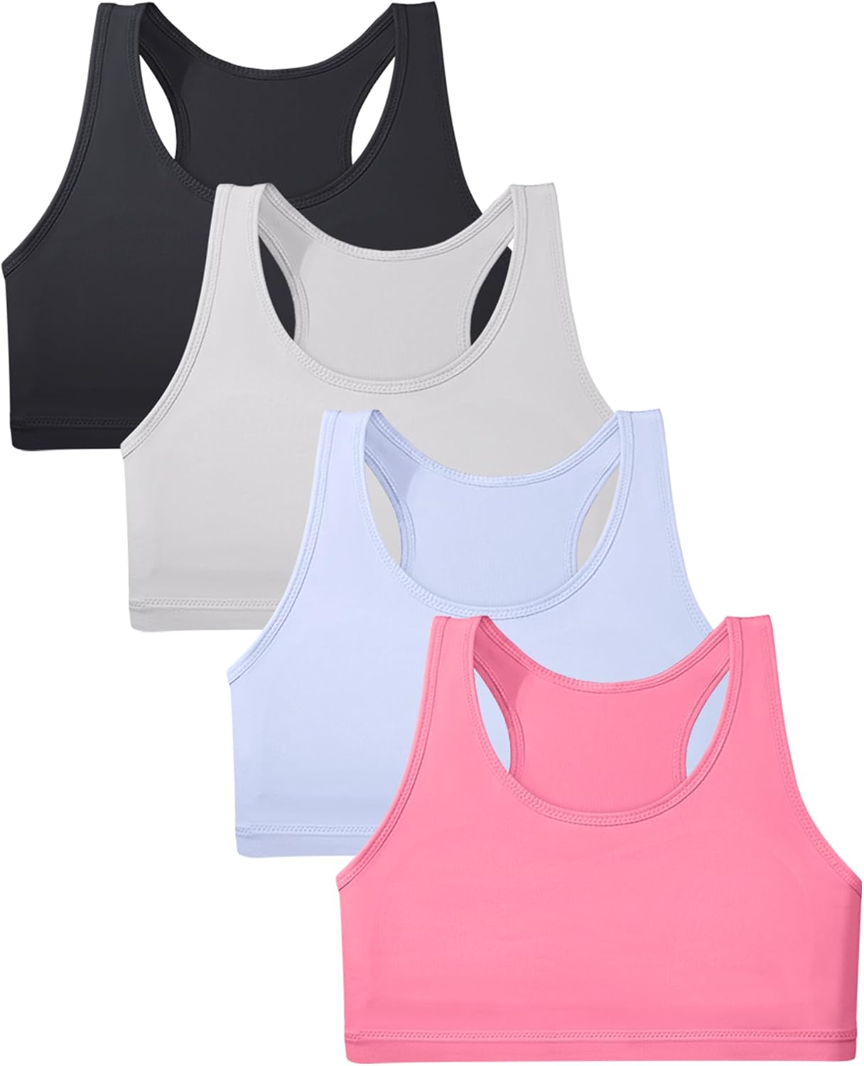 Sascina Girls Sports Bras 6-12 Racerback Training Bras, Double-Layer Front | No Pads, Gentle Elastic Underband, Soft Stretch Comfort, Easy Pull-On, Cute Colors, Ideal First Bra for Girls