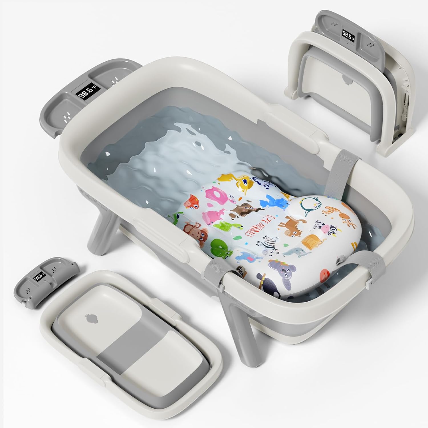 Collapsible Baby Bathtub, Large Baby Tub with Thermometer & Soft Cushion for Newborn to 36-Month Toddler Bathtub,Foldable for Quick Use & Portable for Travel, Baby Bath Gift (Grey)