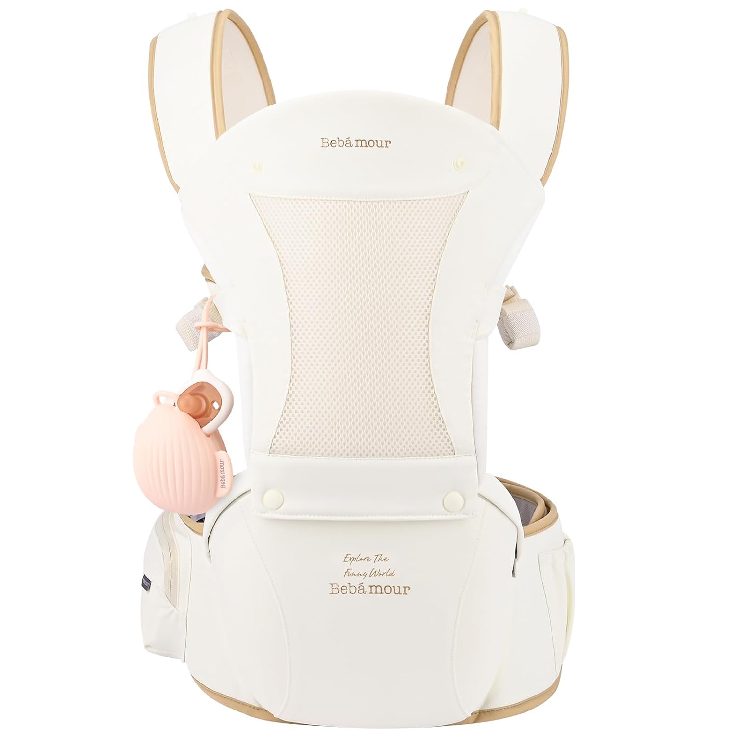 Bebamour Baby Carrier with Hip Seat,All-Position Breathable Mesh Hip Seat & Carrier 0-36Months with Head Hood, 3 PCS Cotton Pads, Waist Extender,Storage Bag & Pacifier Case,Khaki
