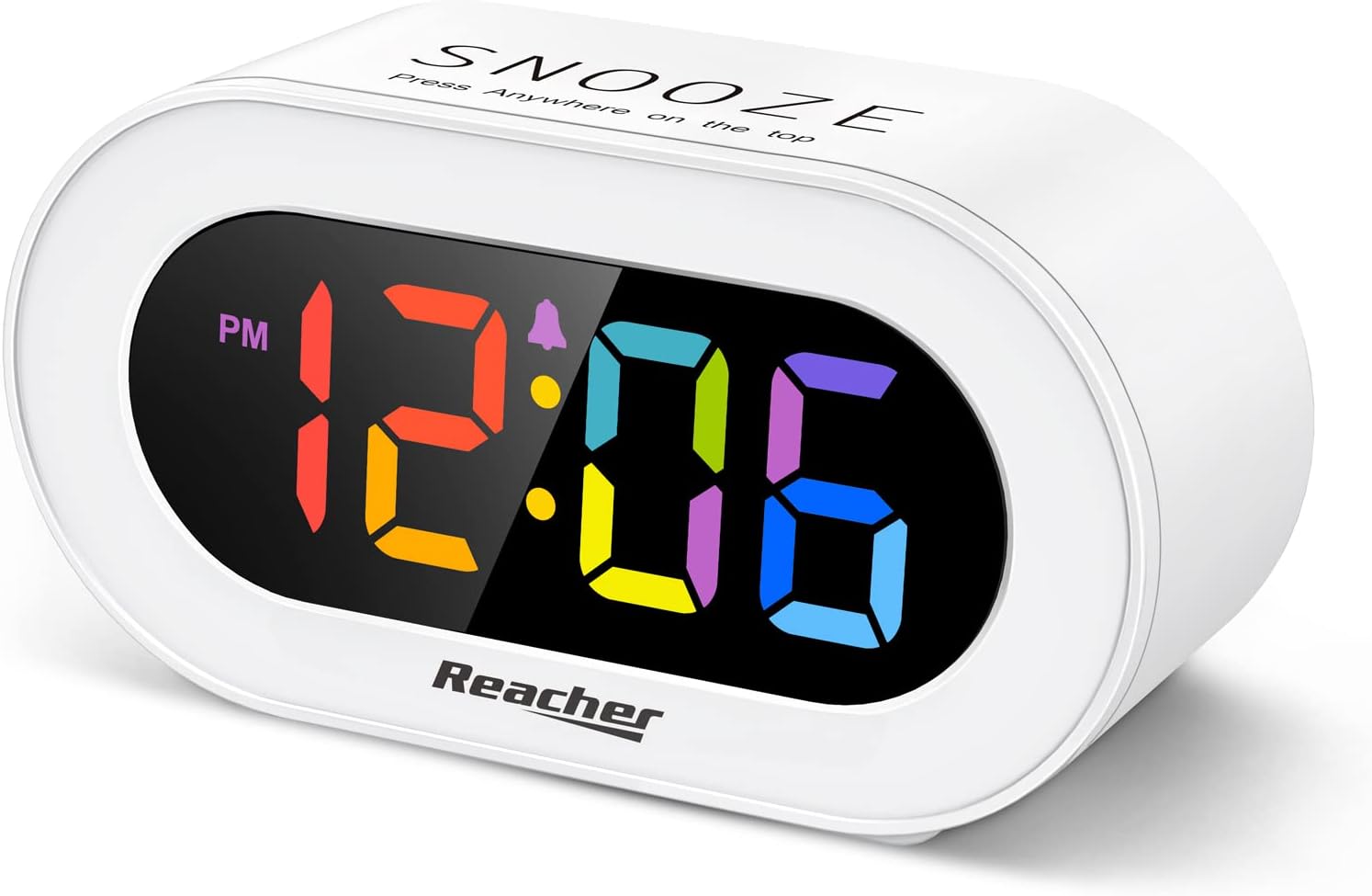 REACHER Small Colorful LED Digital Alarm Clock with Snooze for Bedrooms | Colorful LED display, full-range brightness dimmer, adjustable volume, easy snooze, outlet-powered for desk, shelf, bedside