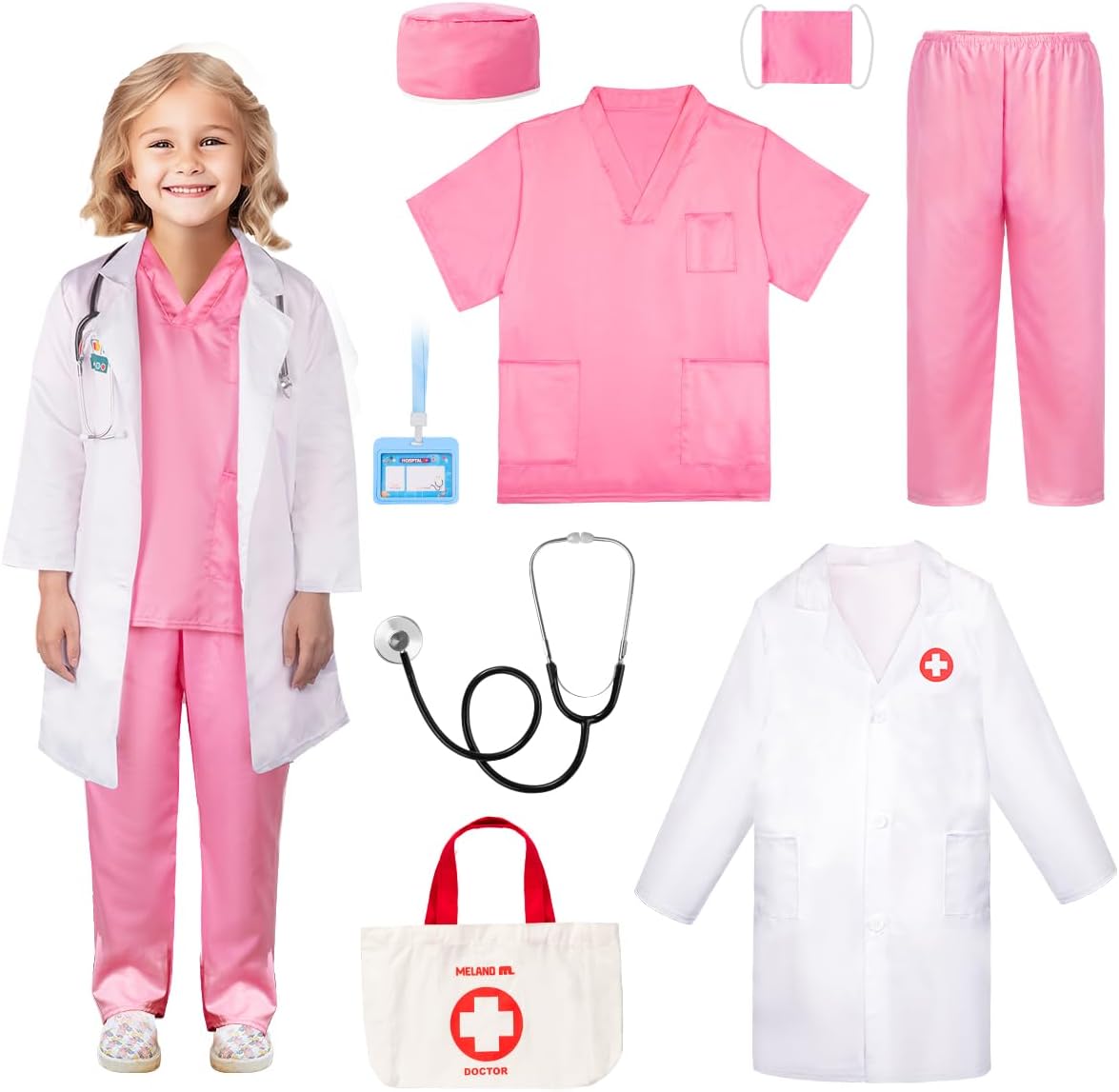 Meland Doctor Costume for Kids 3-10, Pretend Play Career Dress Up with Bag | Career exploration gift for boys girls Halloween, birthday, every day dress up, confortable for active kids