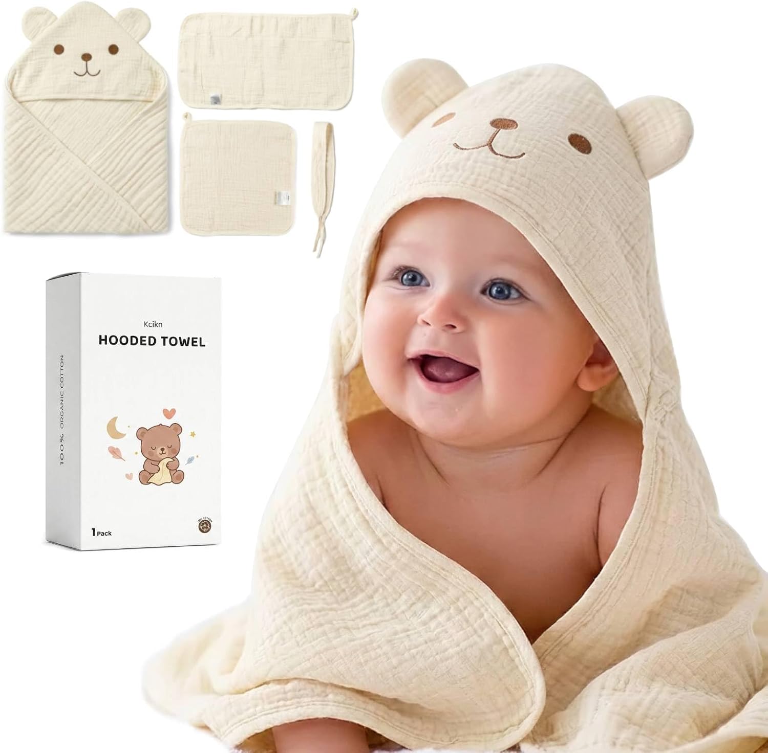 Kcikn Baby Hooded Towels Newborn, 100% Cotton Muslin Large 32″x32″ Toddler Bath Towel with Bear Ear Hood & Burp Cloth & Washcloths – Soft Absorbent for 0-24 Months Baby Boy Girl -Beige