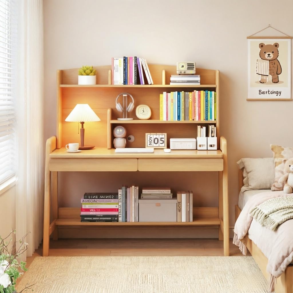 Kids Desk With Storage Adjustable Height – Solid Wood Study Desk For Kids, Children’s Study Table with Drawers And Shelves, Writing Desk for Homework And Art, Ideal For Kids Room And Homeschool
