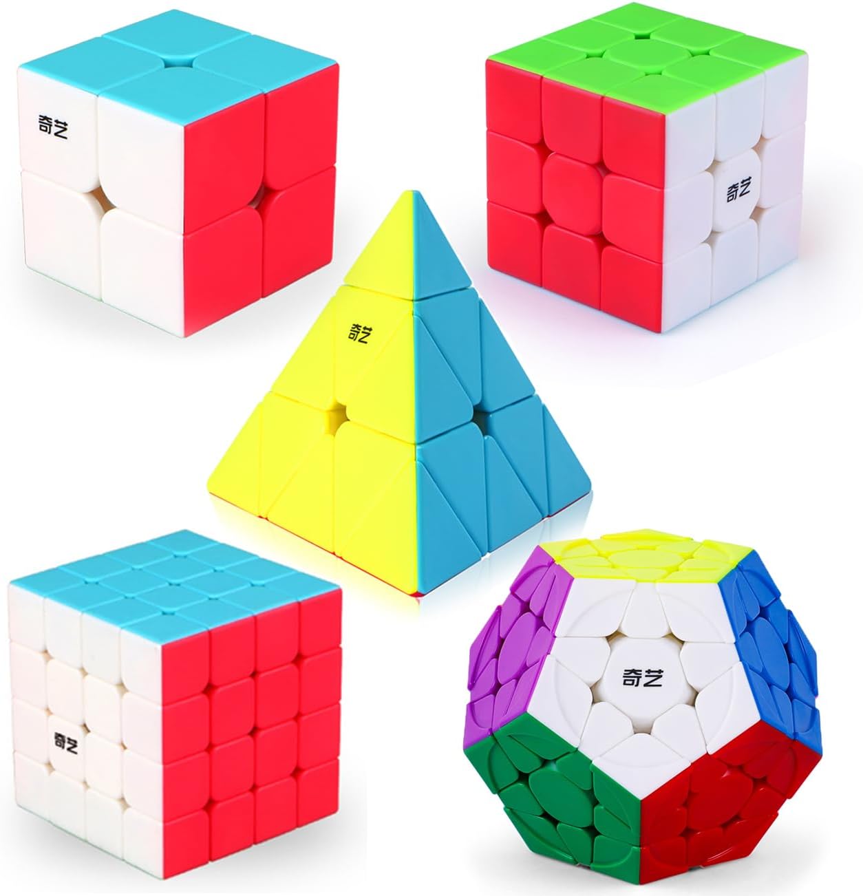 Roxenda Speed Cube Set, Speed Cube Bundle of 2×2 3×3 4×4 Megaminx and Pyramid Cube Smoothly Stickerless Magic Cubes Collection for Kids Teens & Adults [5 Pack]
