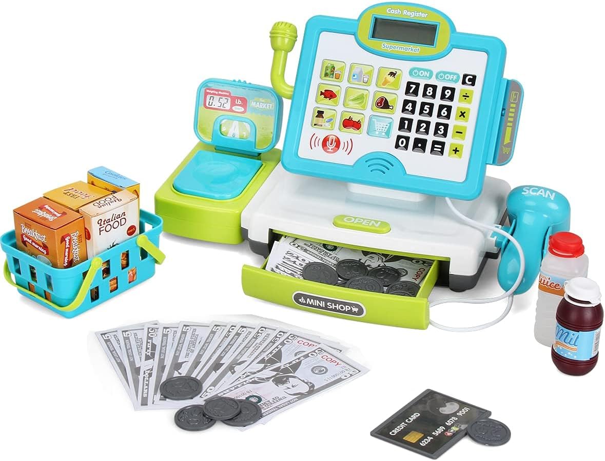 Pretend Play Calculator Cash Register Toy as Preschool Gift for Kids, Classic Count Toy with Sound, Microphone, Scanner, Pretend Credit Card, Play Food for Boys & Girls, Ages 3 4 5 6 7
