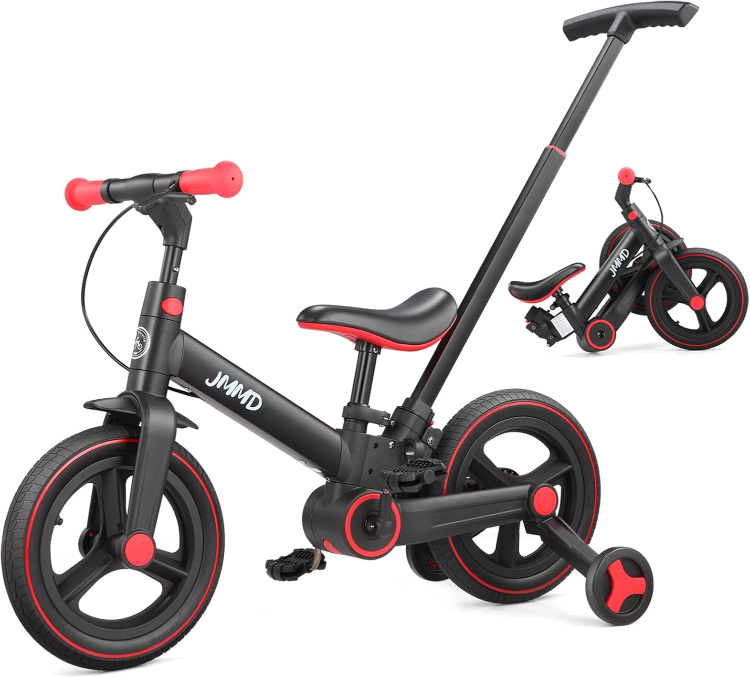 JMMD 6 in 1 Toddler Bike with Push Handle for Kids 18-60 Months, 12″ Foldable Balance Bike with Training Wheels, Pedals, Brakes, Kickstand, Push Tricycle Toddler Gift & Toys for Boy & Girl