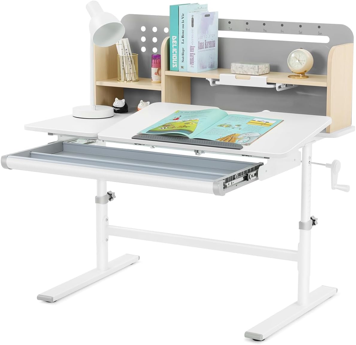 39in Wide Adjustable Height Kids Desk with Tilting Desktop, Bookshelf Hutch | Height-adjustable study desk with steel frame, drawer and bookshelf hutch for reading, writing and drawing, Ages 3-12, Gray