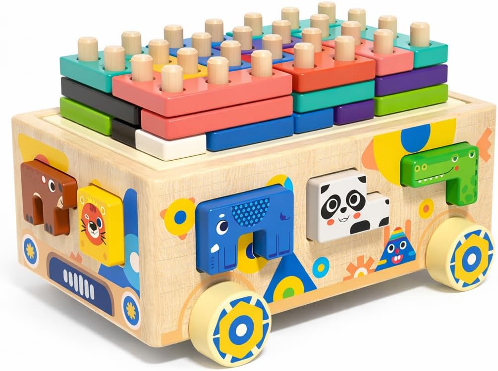 Wooden Montessori Toddler Toy Car Animal Shape Sorting & Peg Stacking Blocks Educational Learning Toy for Toddlers Ages 2-4 Fine Motor Skills Preschool Toy Wooden Shape Sorter Gift for Boys Girls