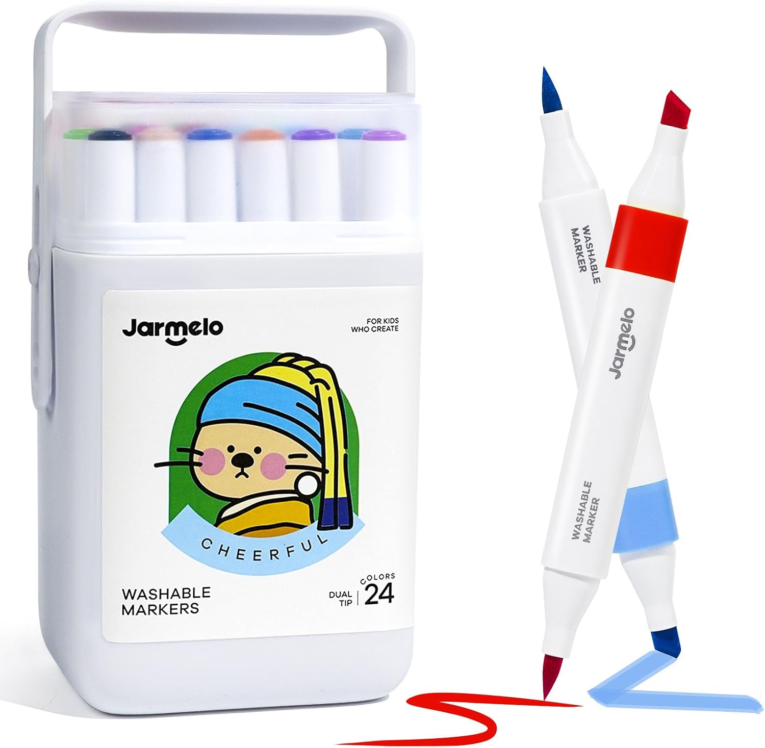 Jar Melo Washable Dual Tip Markers for Kids Ages 4-8, 24 Colors | Brush & Chisel Tip, Water-Based, Storage Case, School Art Supplies, Safe, Vibrant Colors