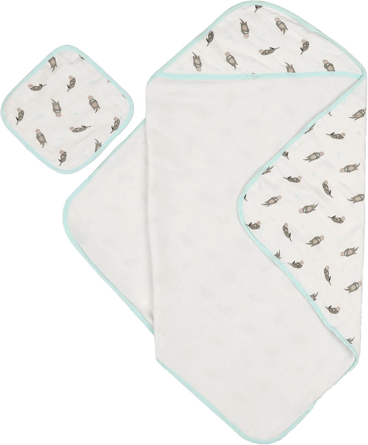 Bamboo Viscose Baby Hooded Towel & Washcloth Set for Babies and Toddlers, Soft & Absorbent, 70% Viscose from Bamboo, 30% Cotton Muslin – Imported (Otter)