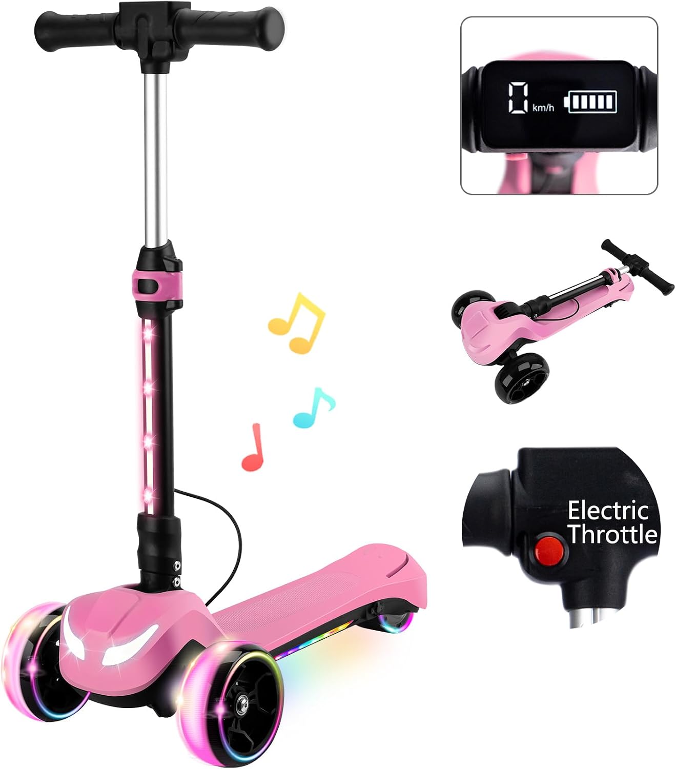 Electric Scooter for Kids w/150W Powerful Motor, Thumb Throttle, LCD Screen, Bluetooth, Light-Up Stem Deck & Wheels, 3 Adjustable Heights, 5MPH Safe Speed, 3 Wheel Electric Scooter for Kids