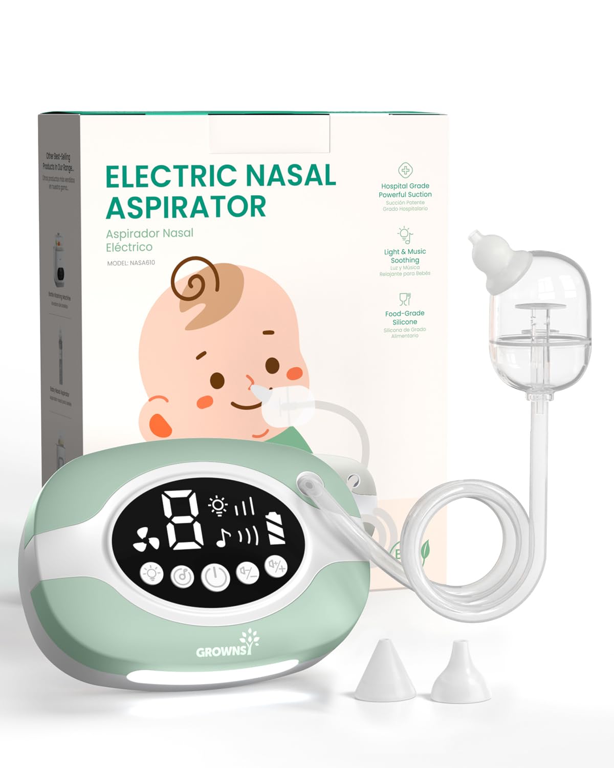 GROWNSY Electric Nasal Aspirator, 9 Suction Levels for Baby, Green | Hospital-Grade Suction Baby Nose Sucker with Night Light, Soothing Lullabies, Easy Cleaning