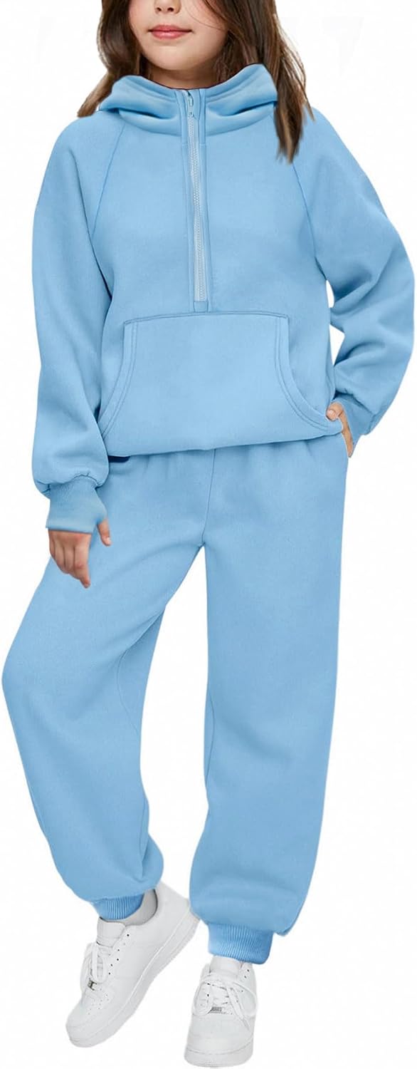 Arshiner Girls 2 Piece Outfits Sweatsuit Half Zip Sweatshirt and Sweatpants | Fall Winter, Drop Shoulder Long Sleeve, Thumbhole Hoodies, with Sweatpant, Jogger Set, Sweat Set, Tracksuits with Pockets