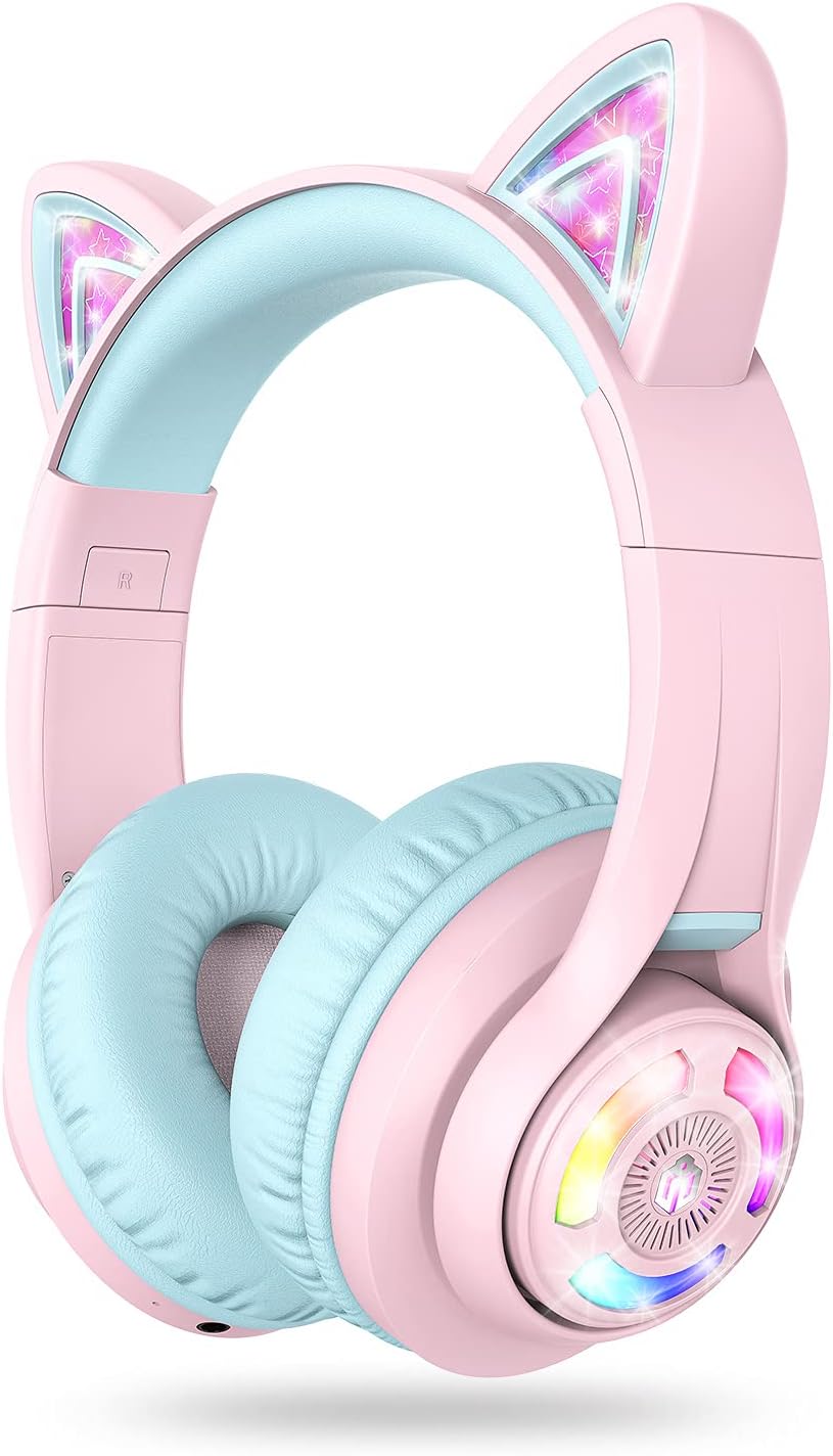 Cat Ear Bluetooth Headphones by iClever | SafeSound Tech, 50H Playtime, USB C Charging, AUX Cable, Stereo Sound, Kids Headphones Wireless with Mic for Tablet, Pink
