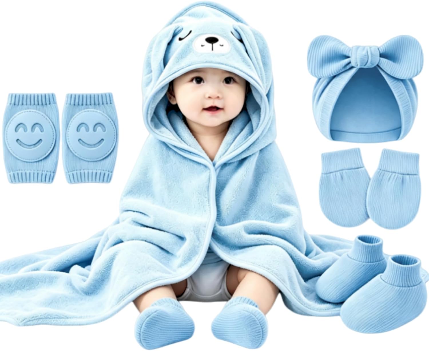 Soft Bath Towel for Baby, Baby Essentials Gift Set Include Baby Newborn Infant Beanie Hats Soft Knit Cap/Baby Mittens 0-6 Months for Girl/Babies Toddler Low Cut Ankle Socks (Blue)