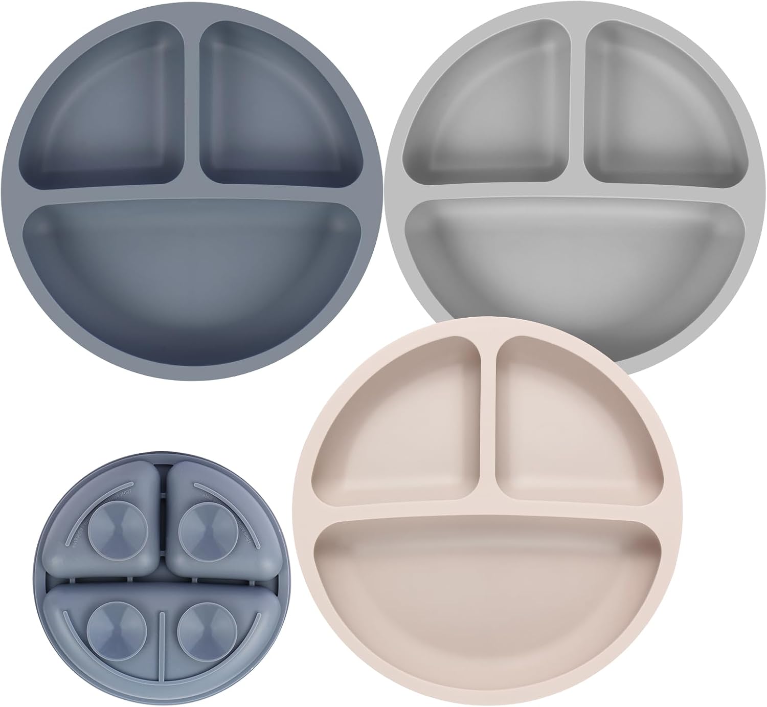 Eascrozn Toddler Plates, 3 Pack Divided Baby Plates with Suction | BPA Free, Food Grade Silicone Baby Led Weaning Supplies, Non-Slip, Microwave and Dishwasher Safe