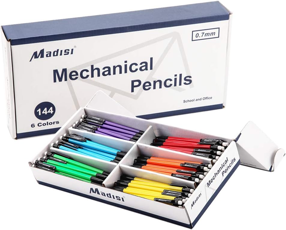 Madisi Mechanical Pencils Bulk, 0.7mm Medium Point, HB #2 Lead, 144-Count | Bulk Pack Mechanical Pencils with Eraser for School Classroom, Assorted Barrels