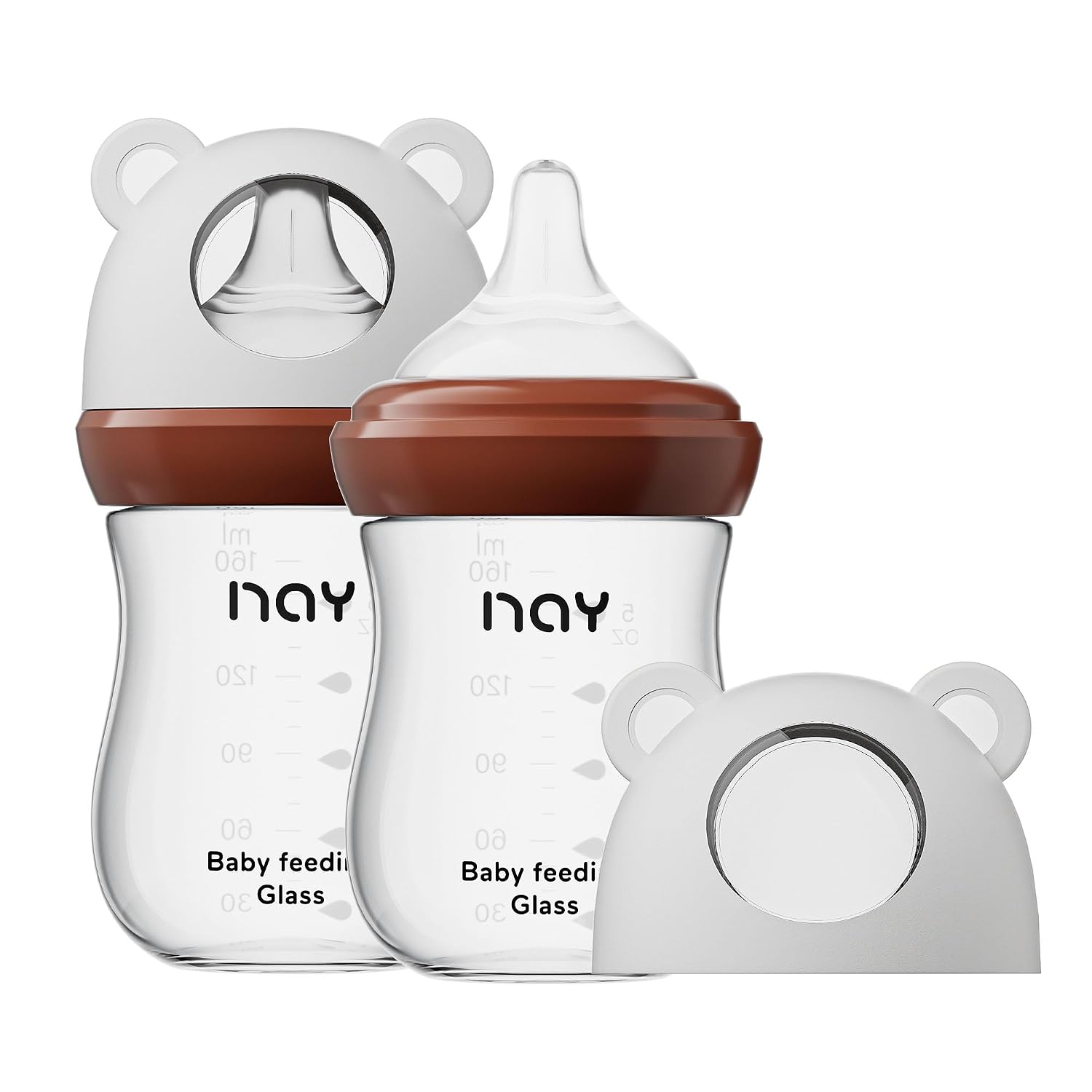 yanyoyo Natural Glass Baby Bottle for Breastfeeding Babies, 5.4oz Anti-Colic Baby Bottle with Natural Response Nipple(S), Clear, Wide Neck, 2 Pack, 1 Months+