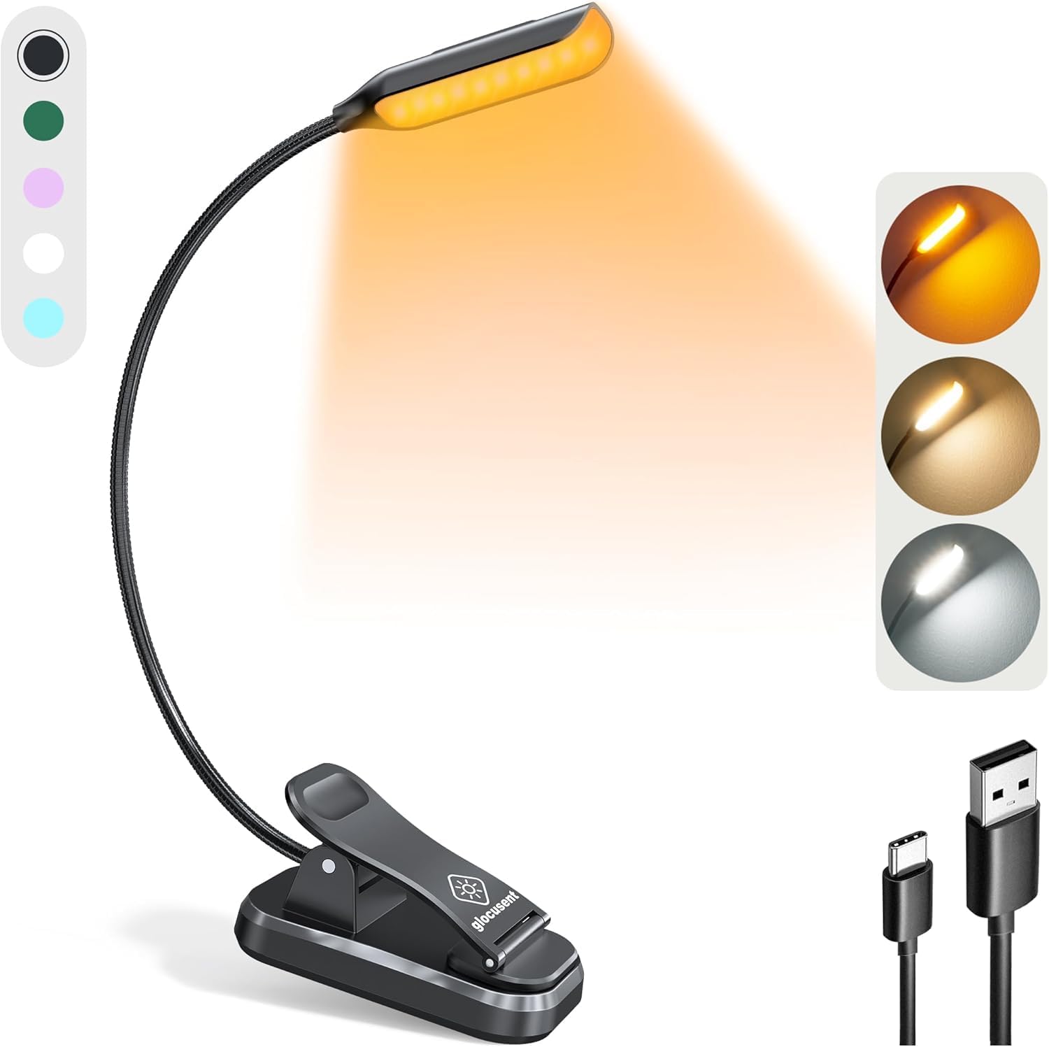 Glocusent Willow Book Light for Reading in Bed, 10 LED Bright Reading Light | 3 Colors & 3 Brightness, Rechargeable, 80Hrs, Lightweight, Clip on, Christmas Stocking Stuffers, Gifts, Book Lovers, Reader