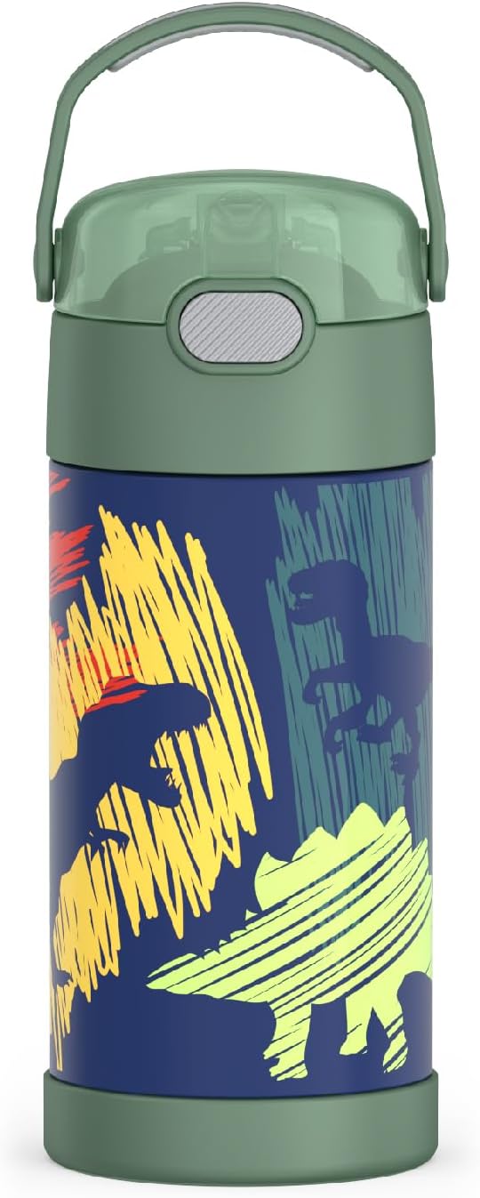 THERMOS FUNTAINER Water Bottle with Straw, 12oz, Dinosaurs | Kids Stainless Steel Insulated Water Bottle, Keeps Drinks Cold Longer for School & Play, BPA-Free