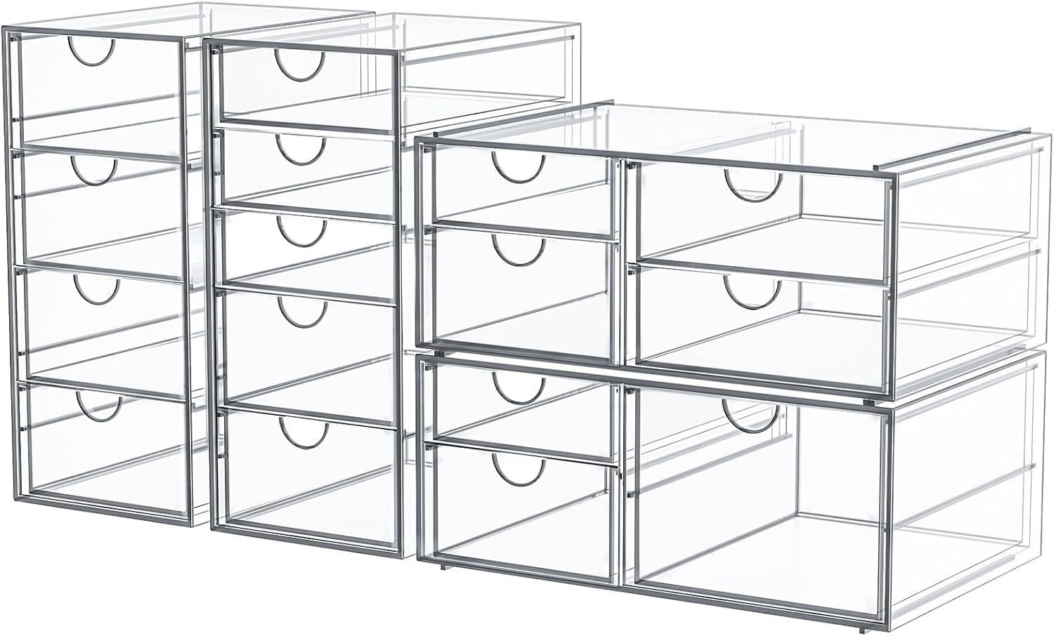 4-Pack Acrylic 16-Drawer Storage & Makeup Organizer for Desk | Smooth-glide drawers, clear acrylic, stackable, dustproof, wipe clean, for office supplies, pens, jewelry, makeup