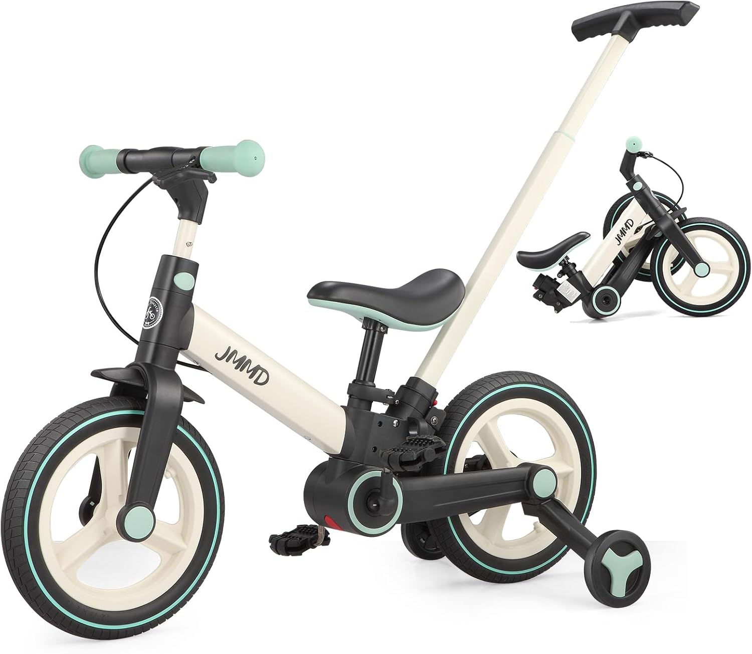 JMMD 6 in 1 Toddler Bike with Push Handle for Kids 18-60 Months, 12″ Foldable Balance Bike with Training Wheels, Pedals, Brakes, Kickstand, Push Tricycle Toddler Gift & Toys for Boy & Girl