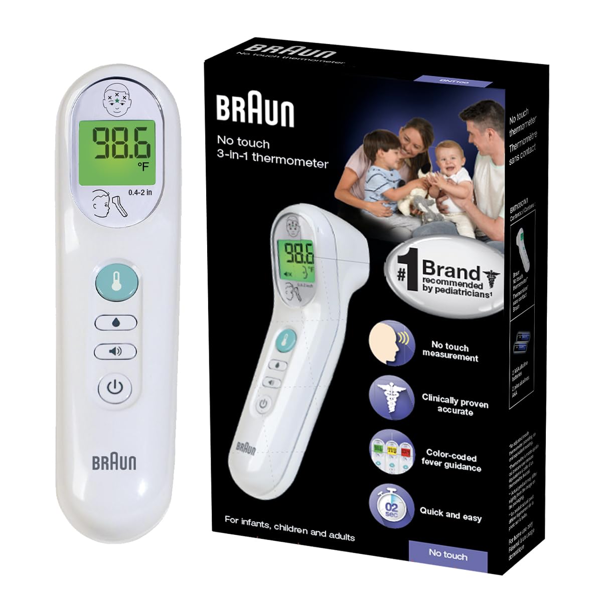 Braun No Touch 3-in-1 Thermometer for Adults, Kids, Babies | Measure Forehead, Liquid, Food Temps, Adult & Baby Thermometer, Professional Accuracy, Color Coded Fever Guidance