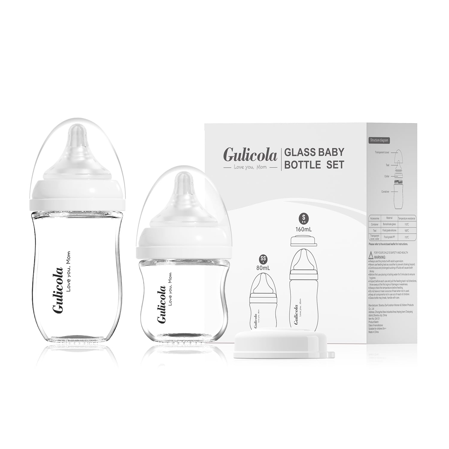 Gulicola Natural Glass Baby Bottle Newborn Set, 3 oz and 5 oz with Extra Slow Flow & Slow Flow Nipple, Anti Colic, 0-3 Months, 2 Pack – White