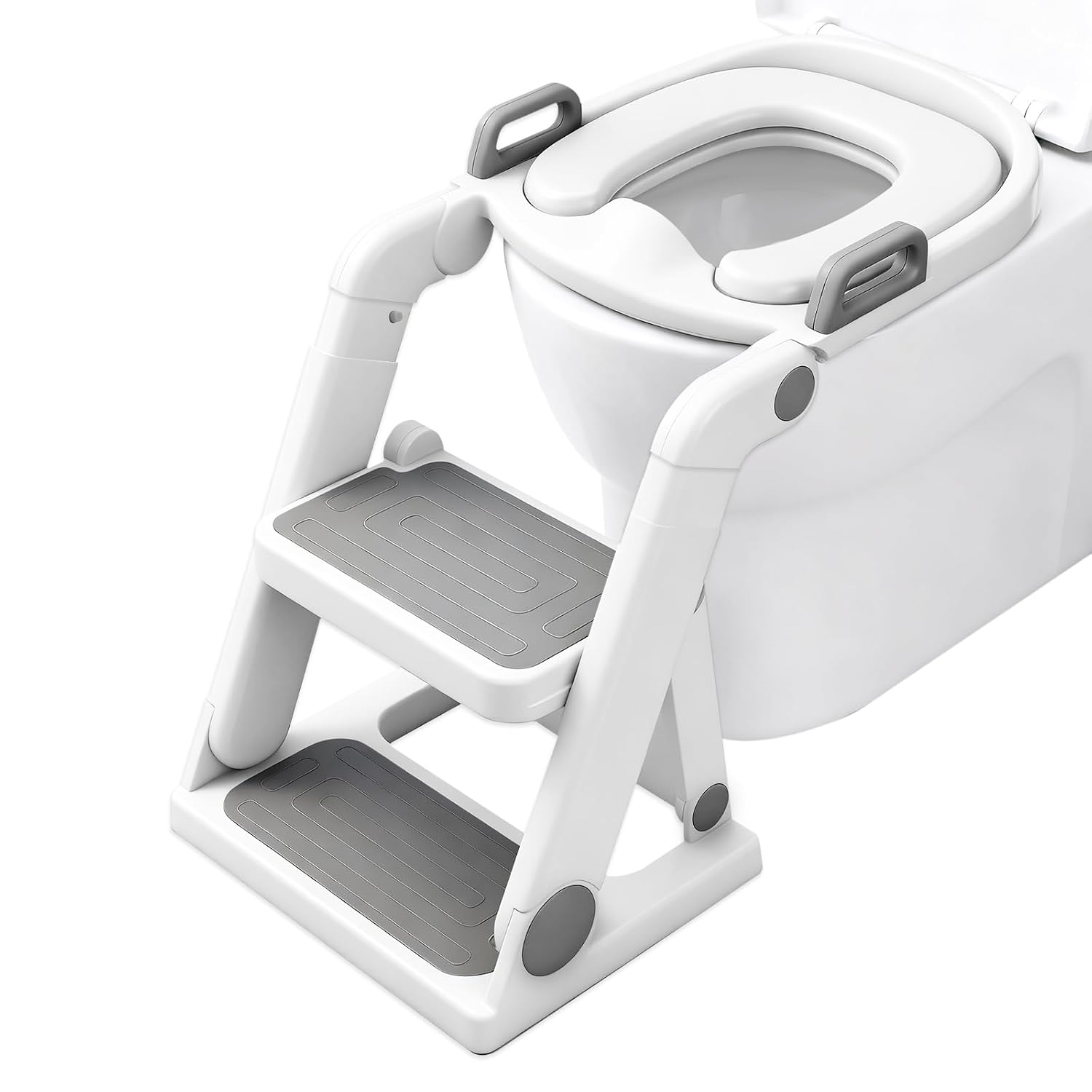Potty Training Seat with Ladder, Pre-Assembled Toddler Toilet Seat with Steps for Boys Girls, 2-in-1 Potty Seat with Foldable Step Stool, Anti-Slip Pad & Splash Guard, Grey