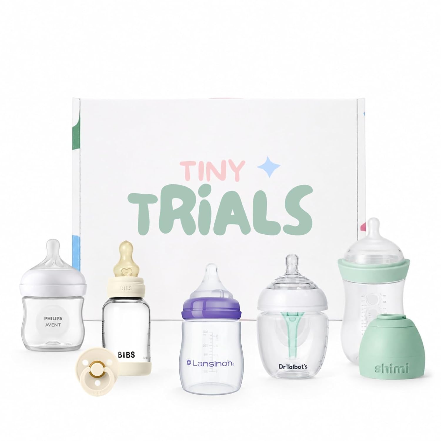 Baby Bottle Trial Pack Variety Box for Newborns – 5 Bottles & 1 Pacifier Featuring Bibs, Lansinoh, Philips Avent, Dr. Talbot’s & Shimi – Anti-Colic, Breastfeeding-Friendly Registry Gift, Tiny Trials