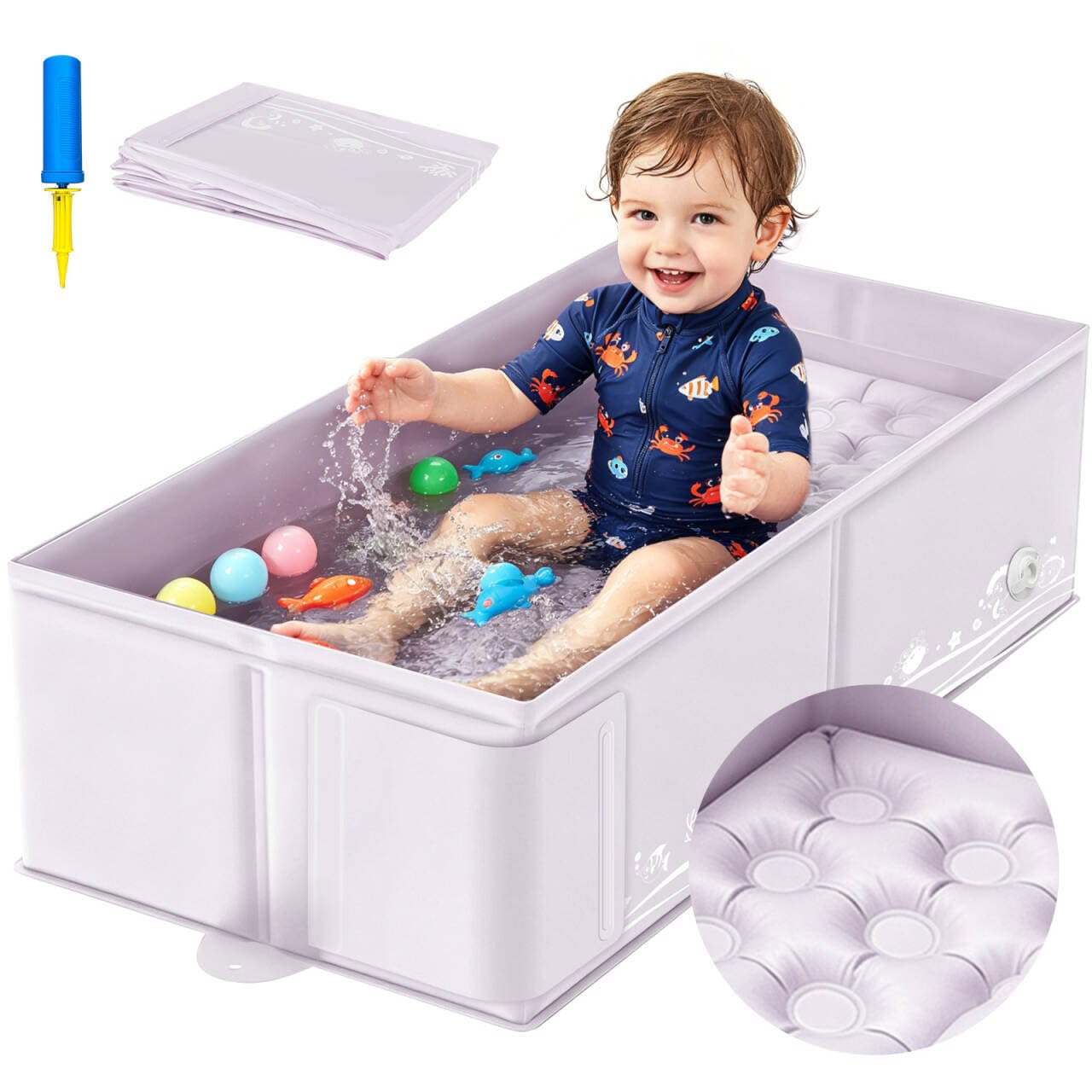 Collapsible Baby Bathtub for Babies & Toddlers, Foldable Portable Baby Tub with Inflatable Cushion Bottom, Non Slip Design PVC Bath Tub for Travel, Shower & Small Bathroom, Grey