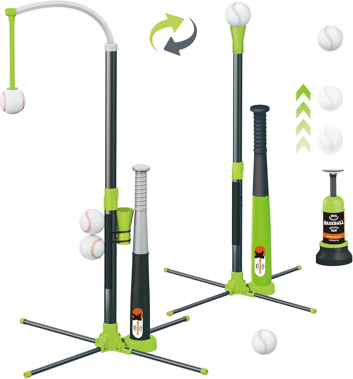 3-in-1 T Ball Set for Kids, Baseball Toys Sport Gift for Boys Girls | Hanging Tee, Tee Ball Hitting Stand, Ball Launcher, 2 Baseball Bats and 6 Softballs – Adjustable Height, Outdoor/Indoor Toys