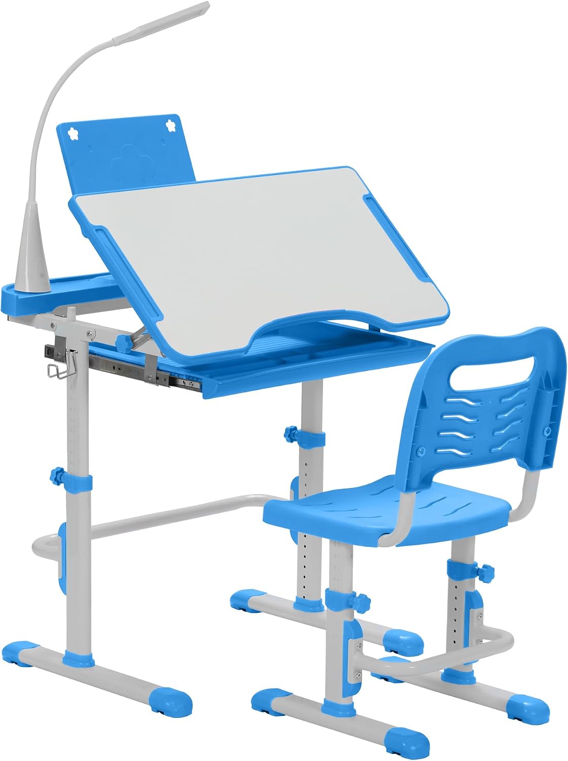 Kids Desk and Chair Set, Height Adjustable Child’s School Study Writing Tables with Tilt Desktop, LED Light, Storage Drawer, Book Stand (Blue)