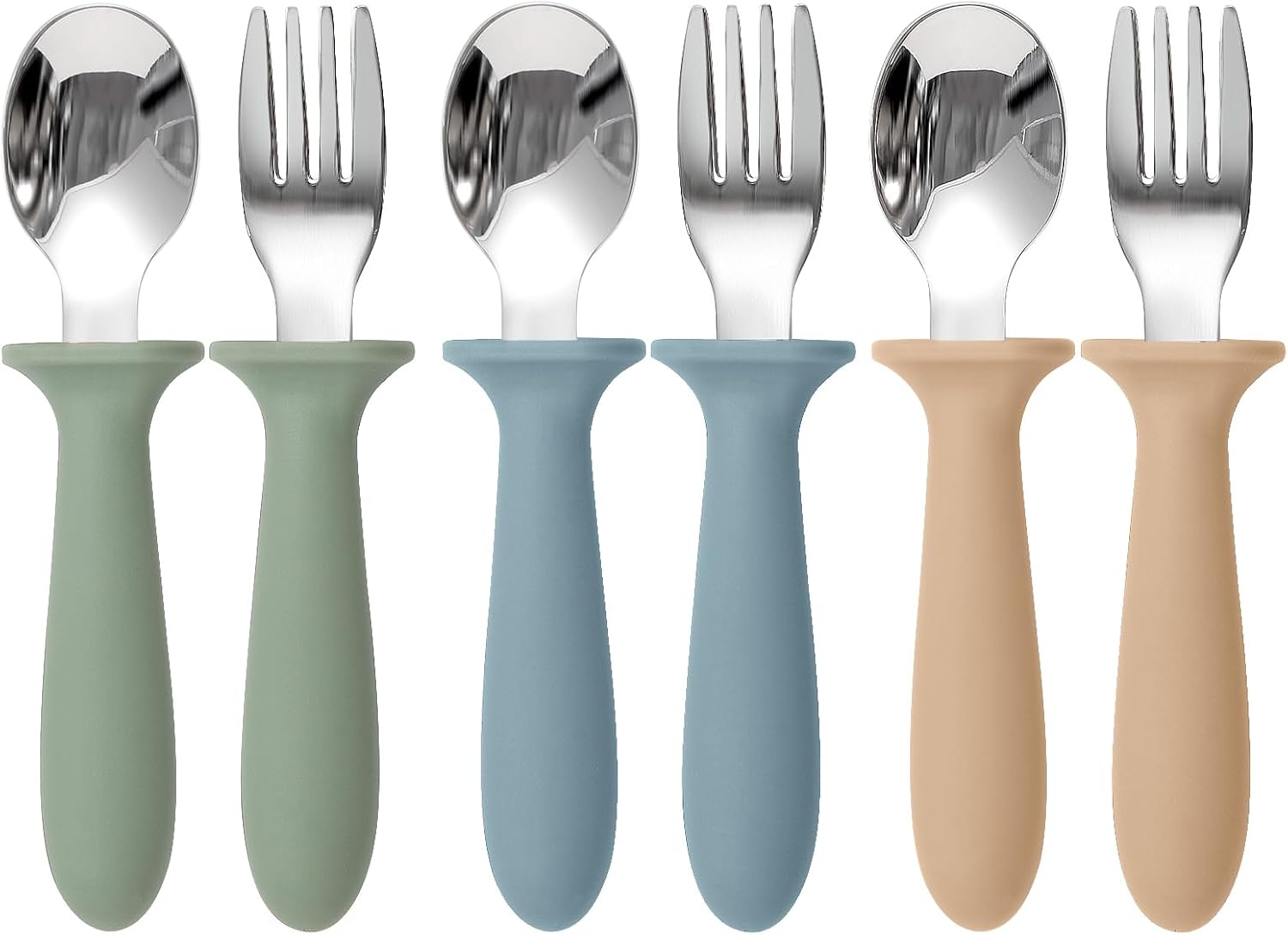 Eascrozn Toddler Utensils, 6 Pack Children Safe Forks and Spoons Set | kids Silverware Set with Silicone Handle, 18/8 Stainless Steel, BPA Free, Dishwasher Safe