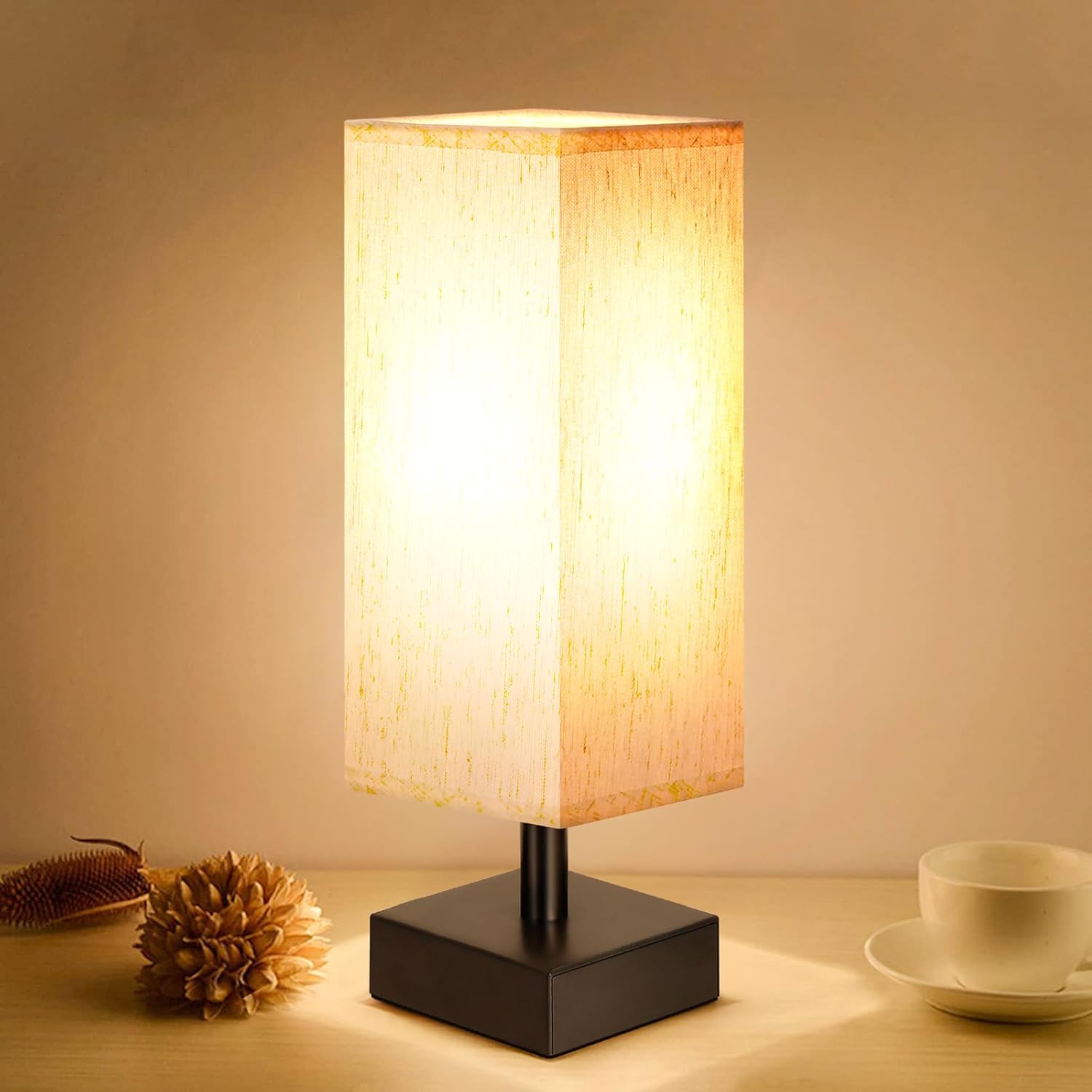 aooshine Small Bedside Table Lamp for Bedroom – Square Cream Fabric Shade | Inline Rocker Switch, Corded Electric, Bulb Not Included, 12.8″ Mini Table Lamp for Nightstand, Desk, Dorm, Office