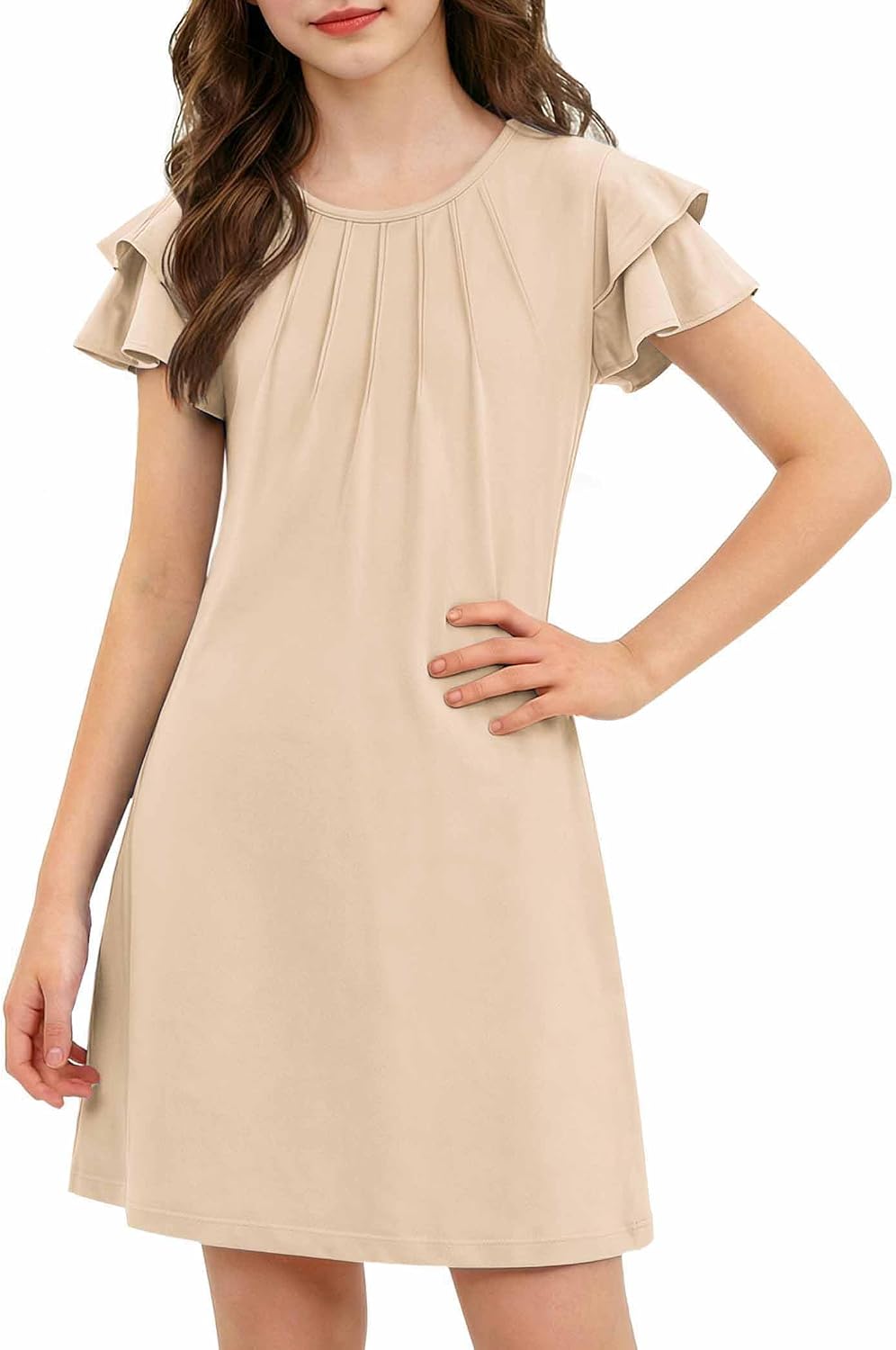 Arshiner Girls Summer Dress Tween Flutter Sleeve Pleated Front Dresses | A Line, Boho, Beach, Casual