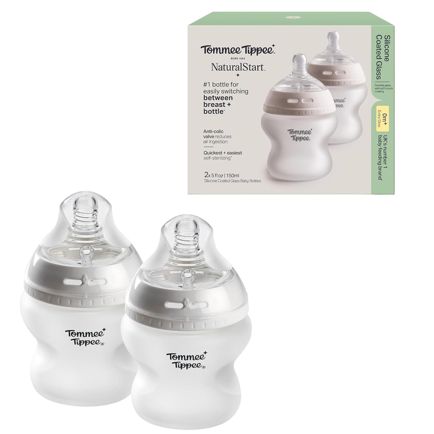 Tommee Tippee Silicone Coated Glass Baby Bottles, Anti-Colic, 0m+, 5oz | Pack of 2, Slow Flow Breast-Like Nipple, Shatter-Proof Glass, BPA Free