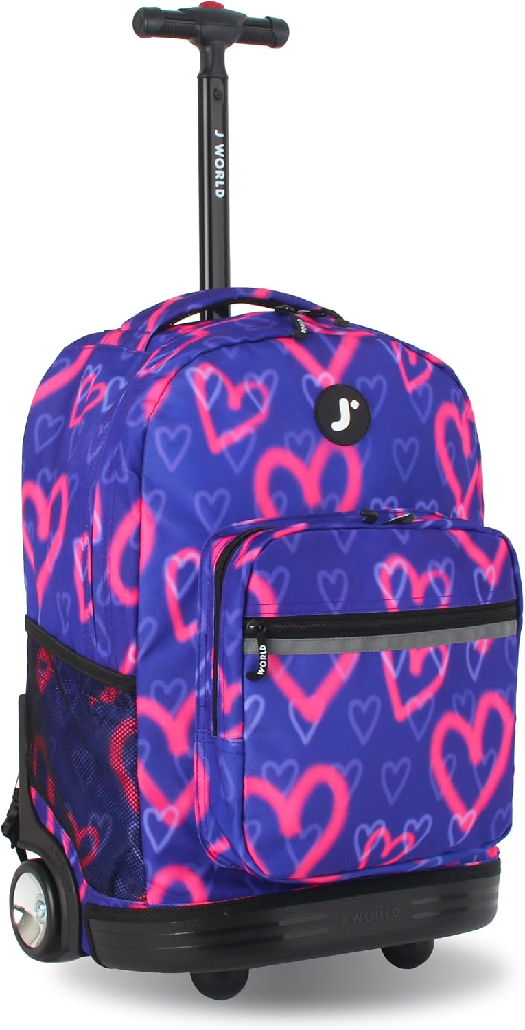 J World Sunrise Kids Rolling Backpack with Wheels for Girls Boys, Roller Bookbag for School, 18 x 13 x 9 Inches, Heart Spray