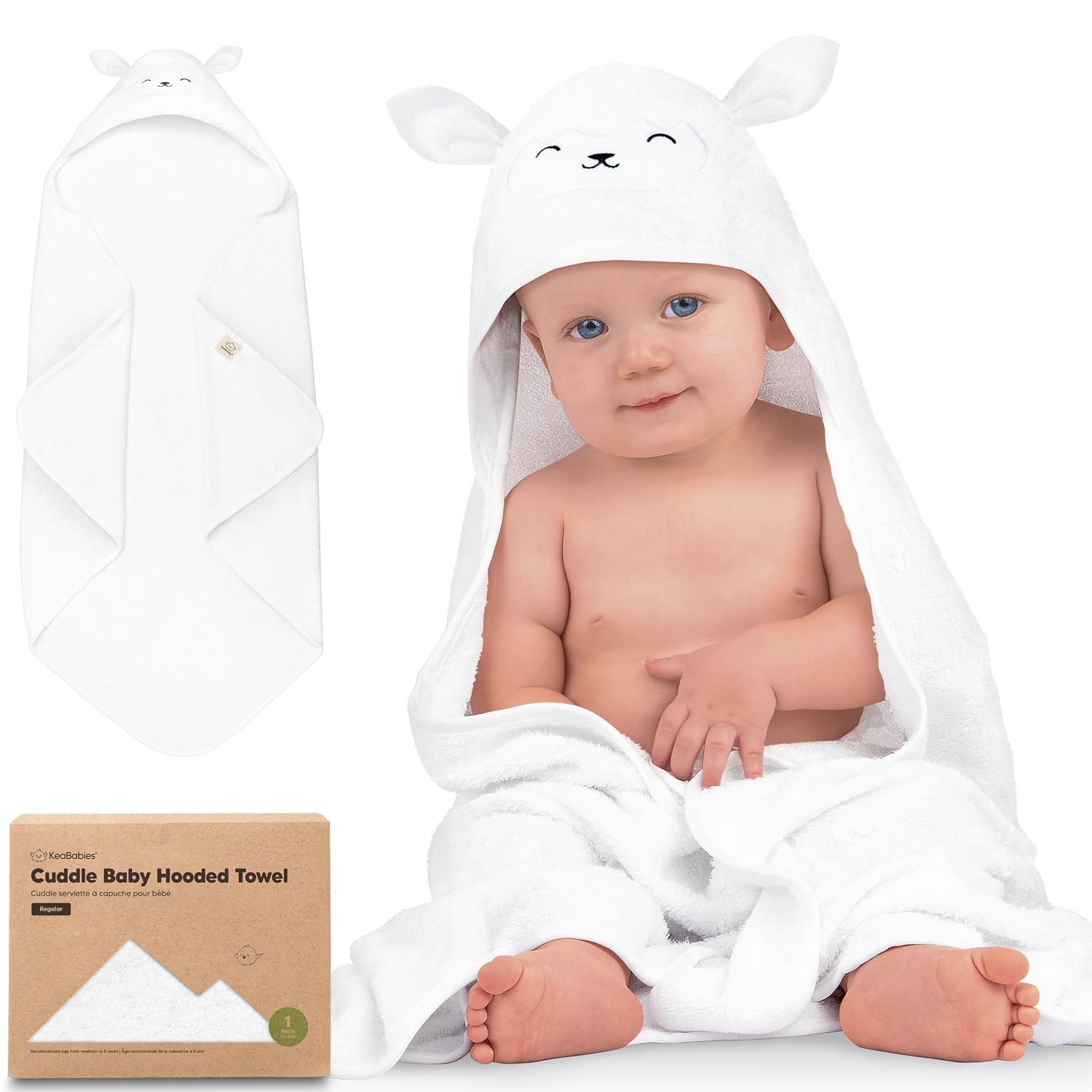 KeaBabies Hooded Baby Towel for Newborn, Baby Bath Towels (Lamb, 35×35) | Viscose Derived from Bamboo, Large Baby Towels with Hood, Boys, Girls, Toddler, Soft Absorbent Baby Bath Essentials